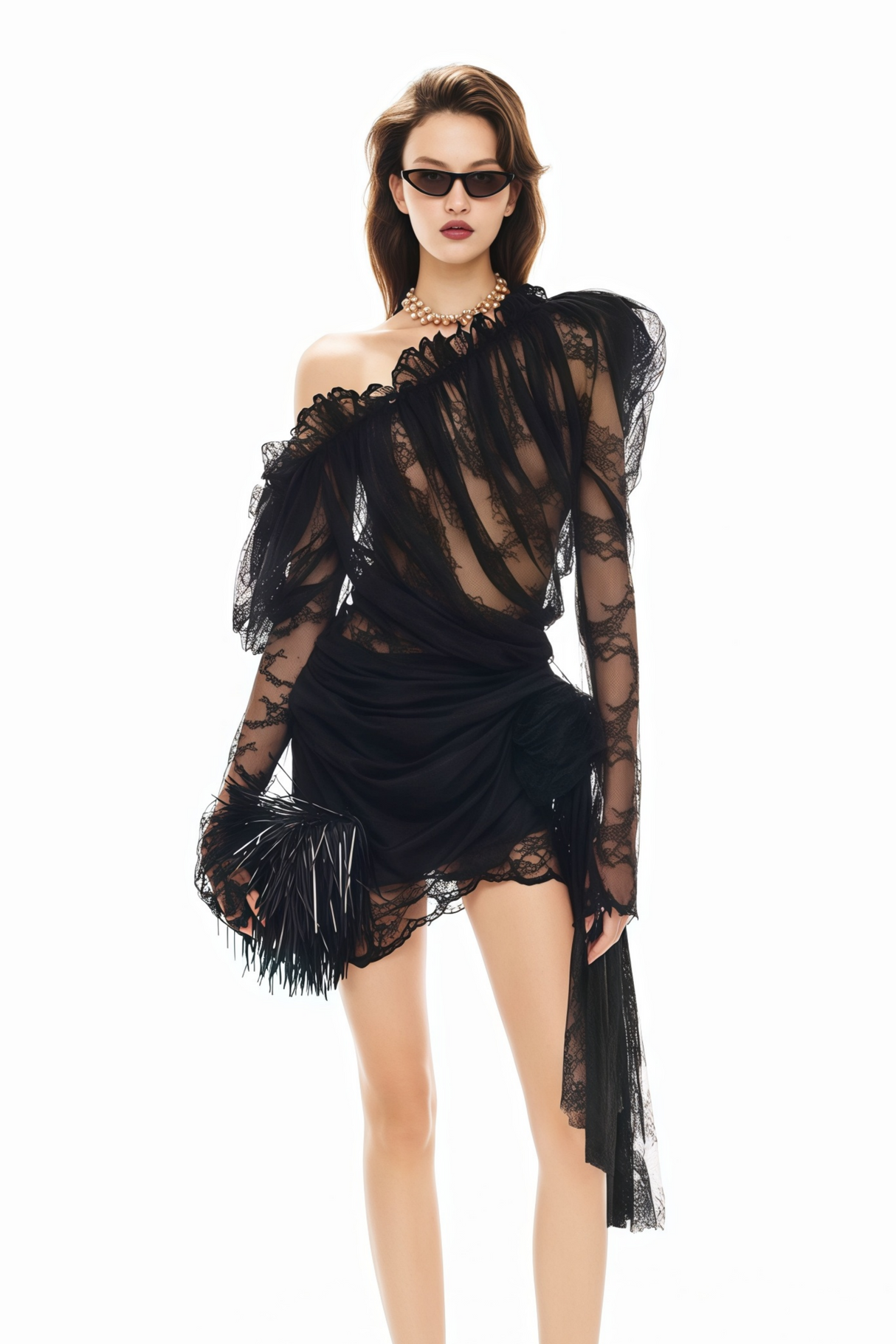 Aurohaya Alexis Black Semi-Sheer Floral Lace Mini Dress