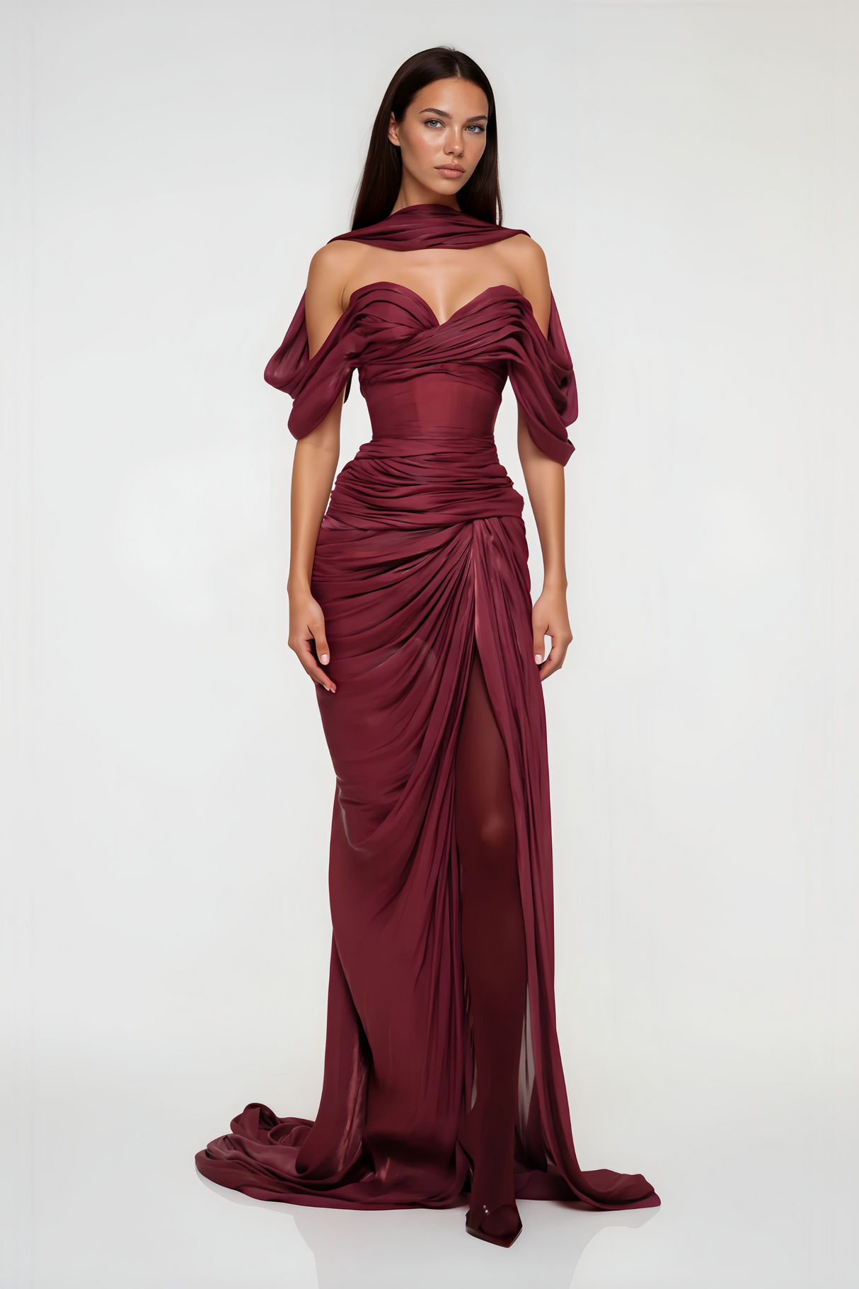 Aurohaya Hazel Burgundy Asymmetrical Draped Maxi Dress