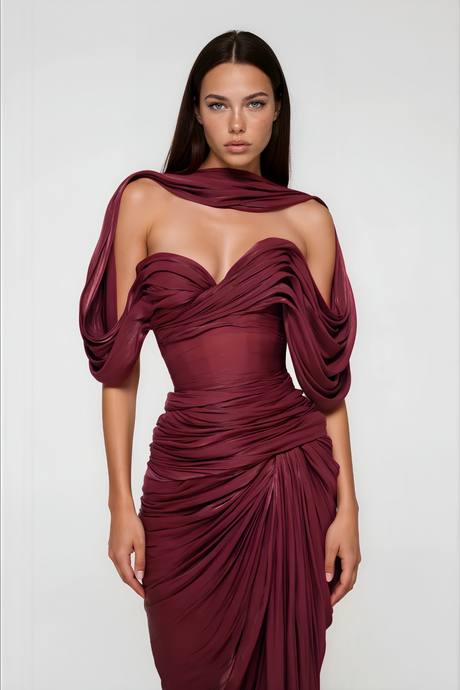 Aurohaya Hazel Burgundy Asymmetrical Draped Maxi Dress