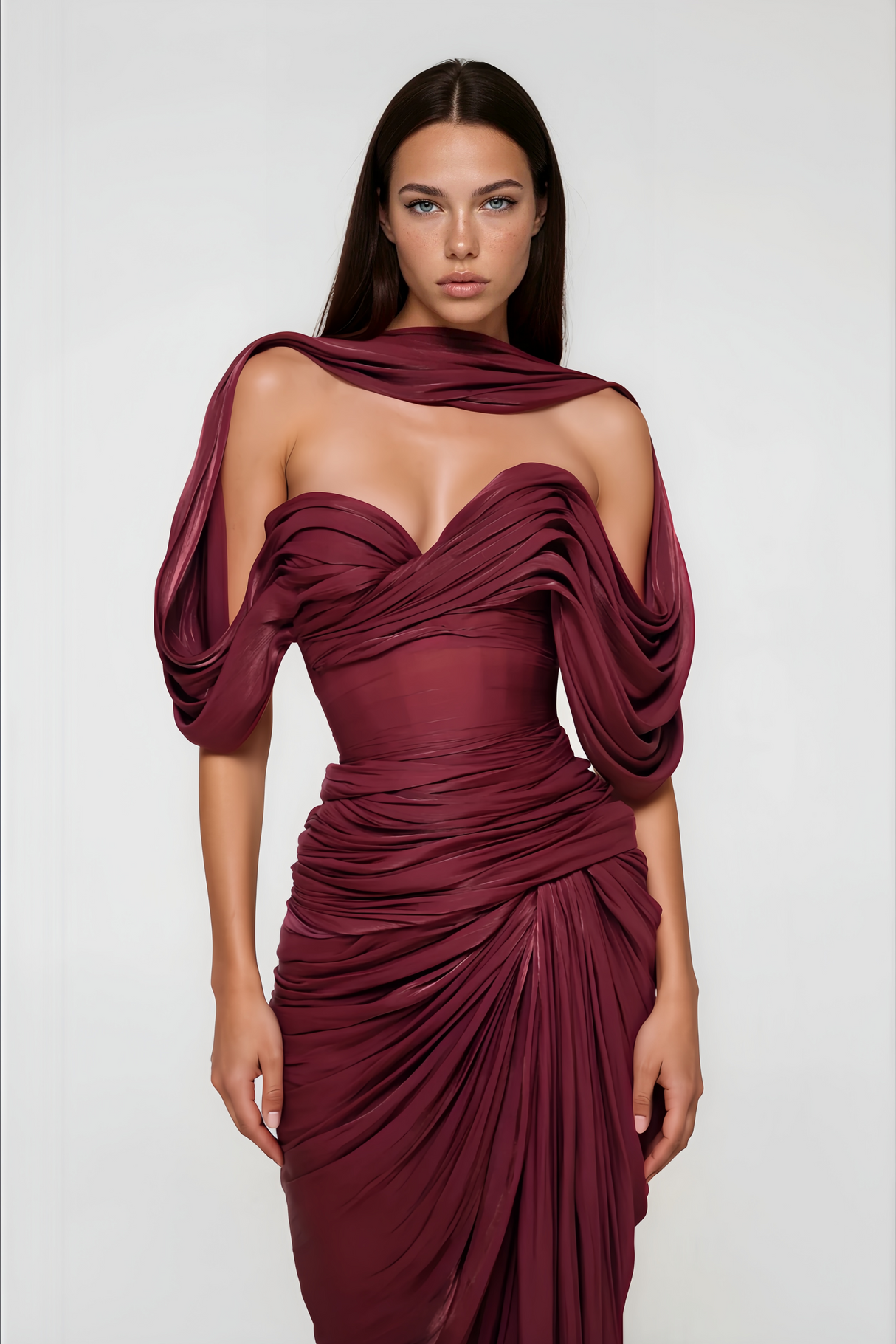 Aurohaya Hazel Burgundy Asymmetrical Draped Maxi Dress