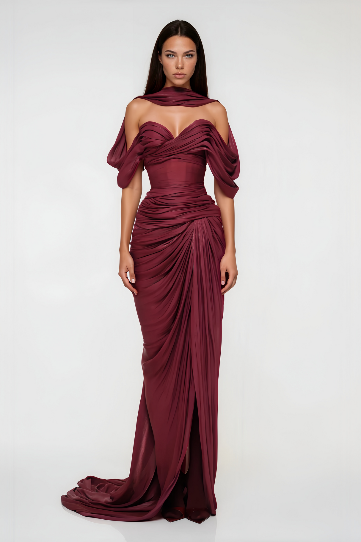 Aurohaya Hazel Burgundy Asymmetrical Draped Maxi Dress