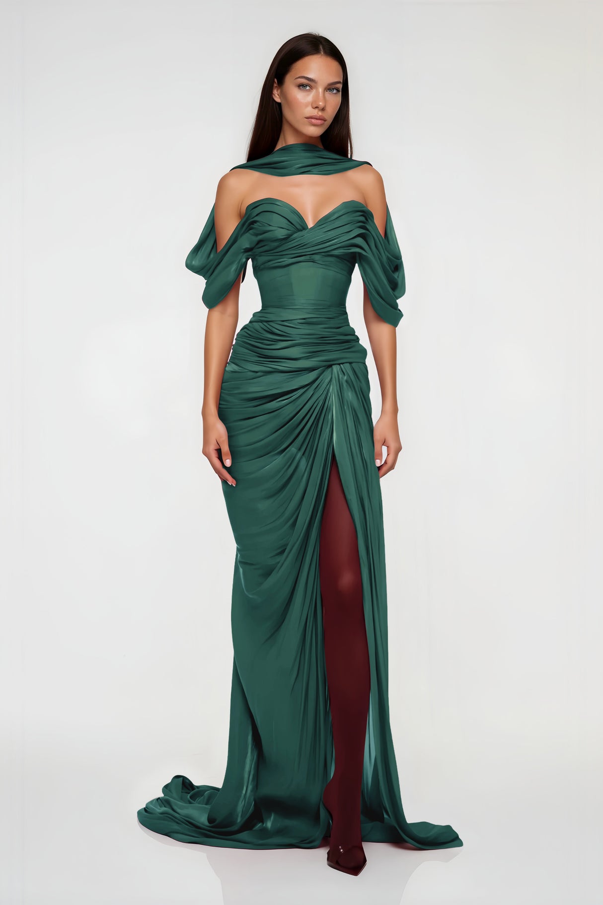 Aurohaya Hazel Green Asymmetrical Draped Maxi Dress