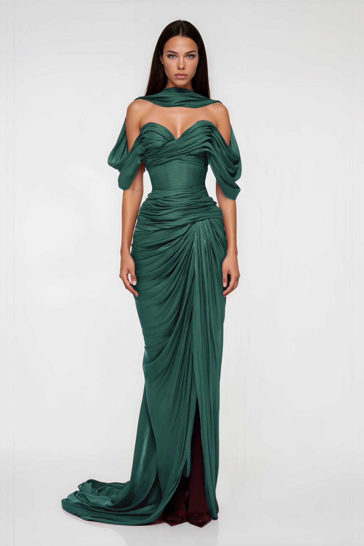 Aurohaya Hazel Green Asymmetrical Draped Maxi Dress
