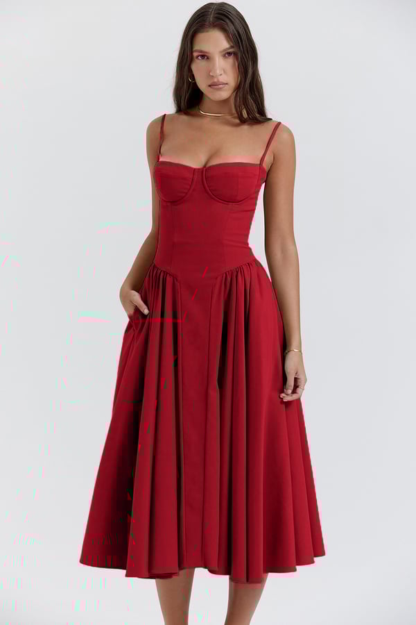 Aurohaya Orlane Corset Midi Dress Red