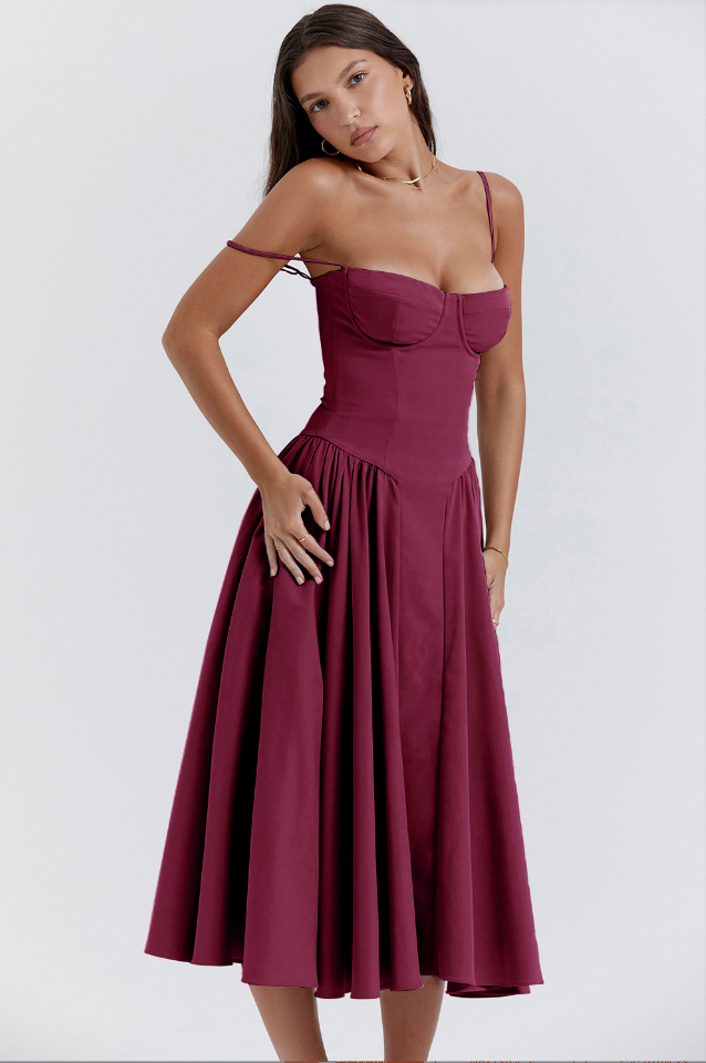 Aurohaya Orlane Corset Midi Dress Wine Red
