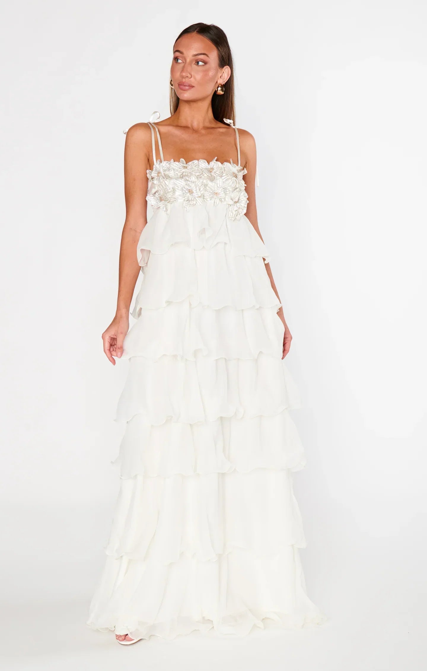 Aurohaya Gabrielle Tiered Ruffle Maxi Dress White