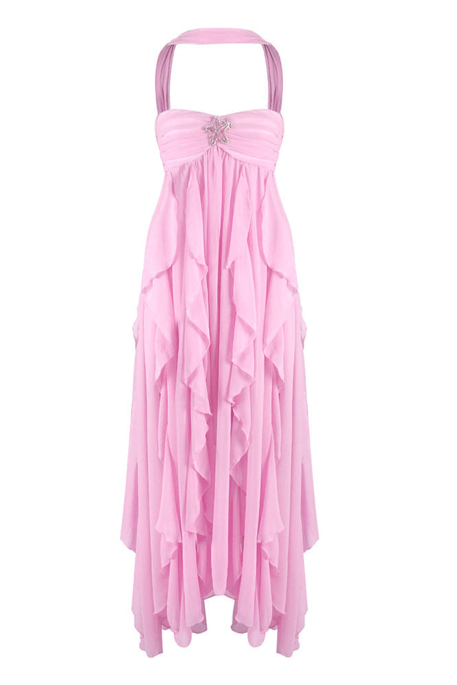 Aurohaya Chloé Strapless Ruffle Maxi Dress Pink