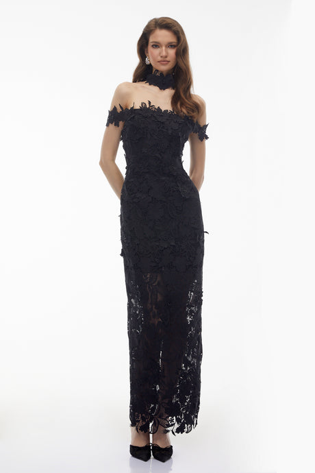 Aurohaya Hecate Black Beaded Lace Maxi Dress with 3D Florals