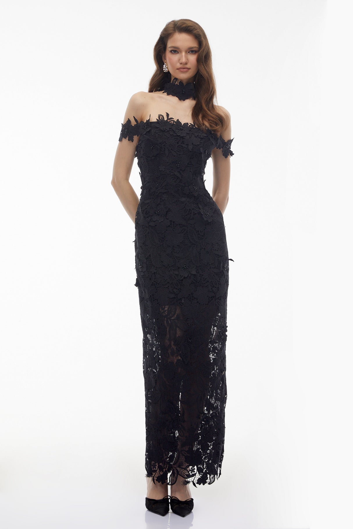 Aurohaya Hecate Black Beaded Lace Maxi Dress with 3D Florals