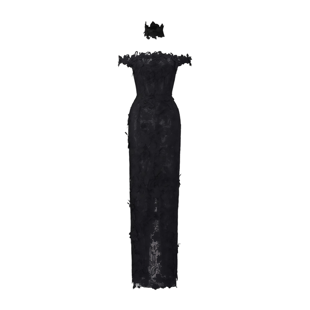 Aurohaya Hecate Black Beaded Lace Maxi Dress with 3D Florals
