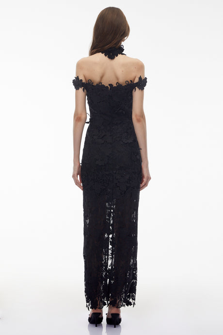 Aurohaya Hecate Black Beaded Lace Maxi Dress with 3D Florals