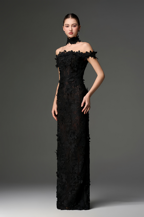 Aurohaya Hecate Black Beaded Lace Maxi Dress with 3D Florals
