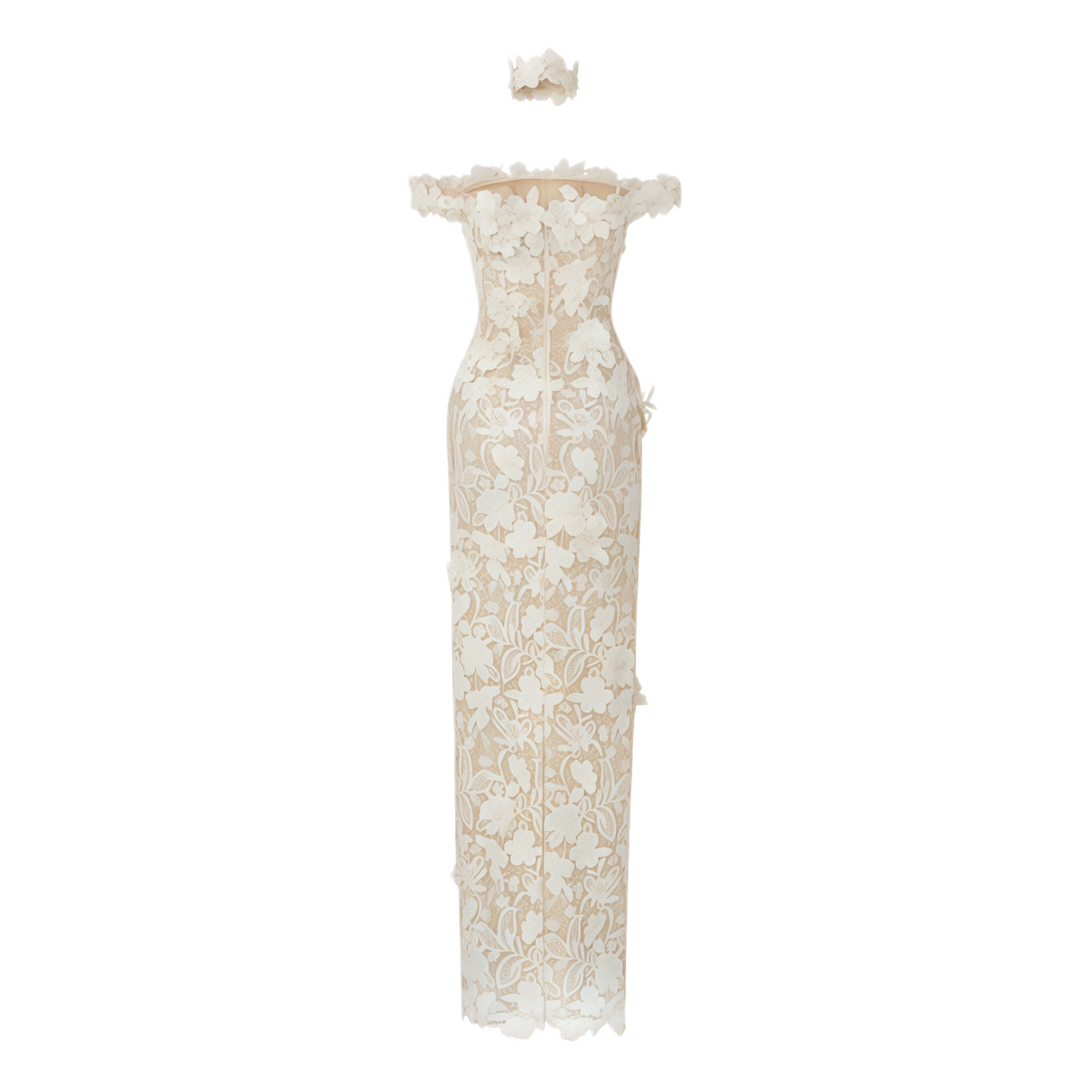 Aurohaya Hecate White Beaded Lace Maxi Dress with 3D Florals