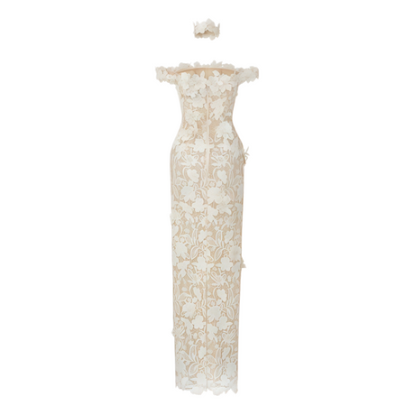 Aurohaya Hecate White Beaded Lace Maxi Dress with 3D Florals