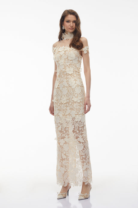 Aurohaya Hecate White Beaded Lace Maxi Dress with 3D Florals