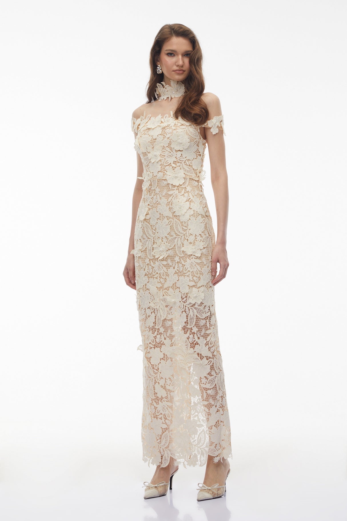 Aurohaya Hecate White Beaded Lace Maxi Dress with 3D Florals