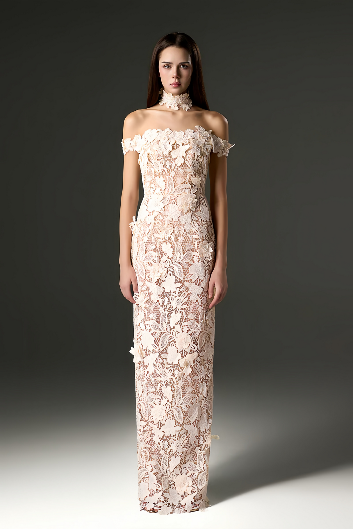 Aurohaya Hecate White Beaded Lace Maxi Dress with 3D Florals