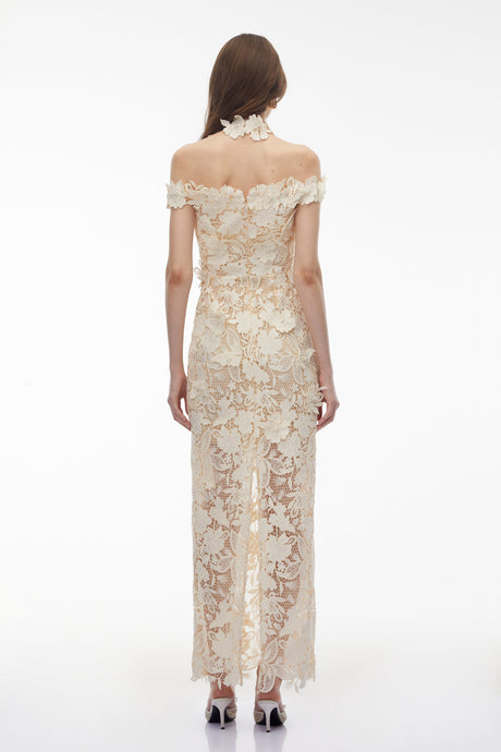 Aurohaya Hecate White Beaded Lace Maxi Dress with 3D Florals