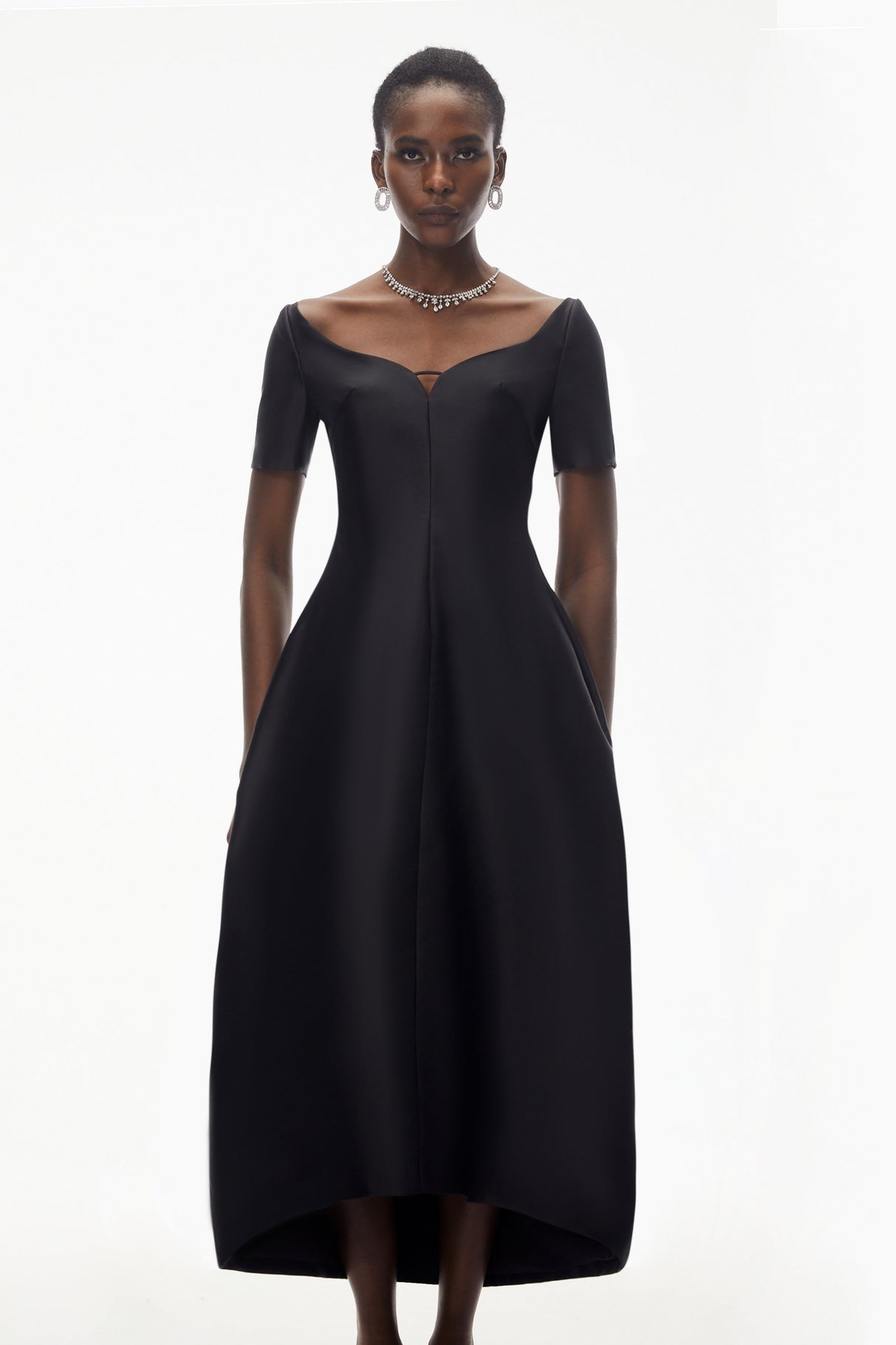 Aurohaya Heidi Black Plunge Neck Asymmetrical Midi Dress
