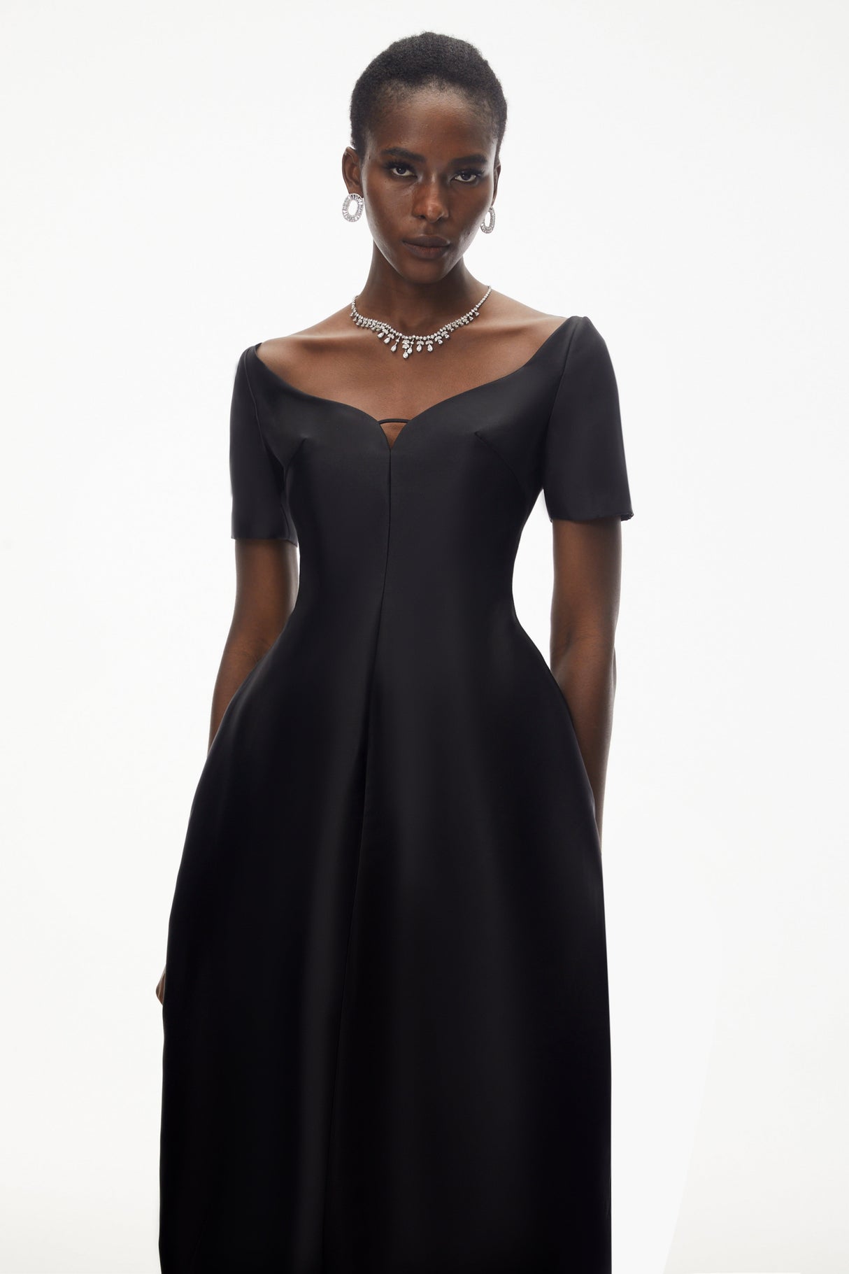 Aurohaya Heidi Black Plunge Neck Asymmetrical Midi Dress