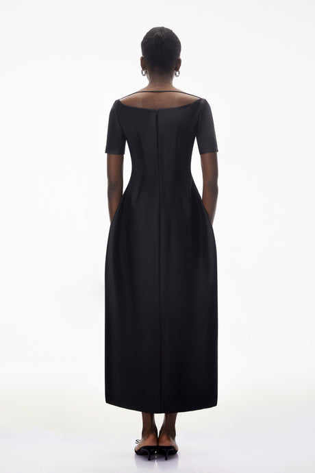Aurohaya Heidi Black Plunge Neck Asymmetrical Midi Dress