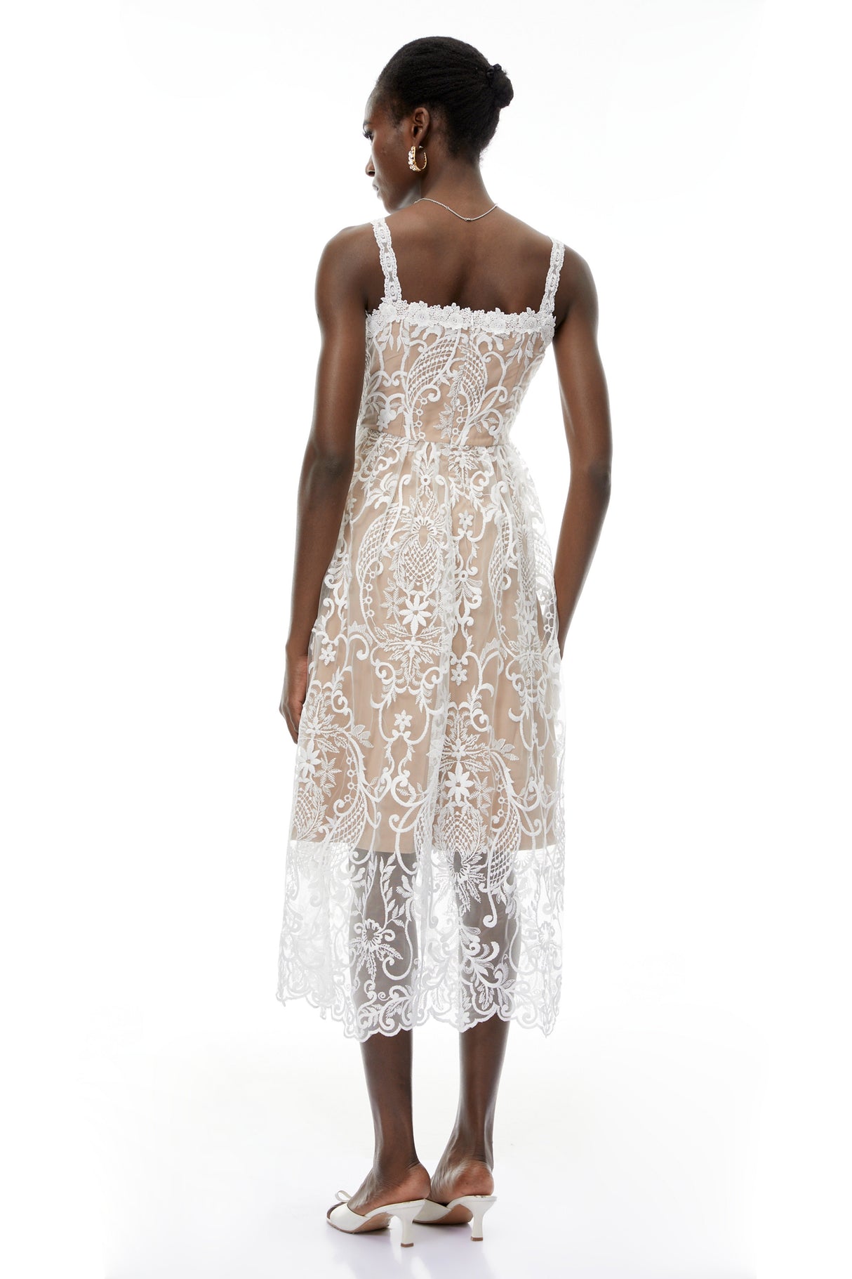 Aurohaya Hermione White Floral Embroidered Lace Midi Dress