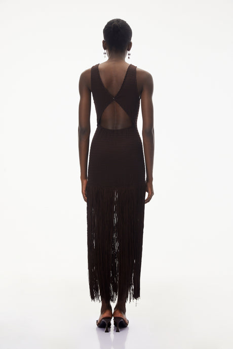 Aurohaya Hestia Chocolate Brown Sleeveless Fringed Maxi Dress