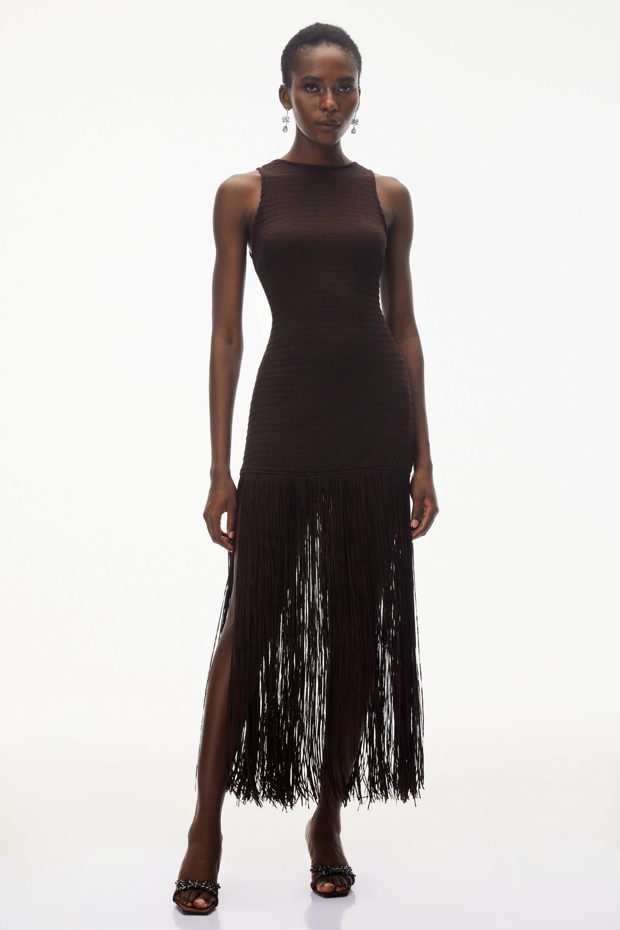 Aurohaya Hestia Chocolate Brown Sleeveless Fringed Maxi Dress