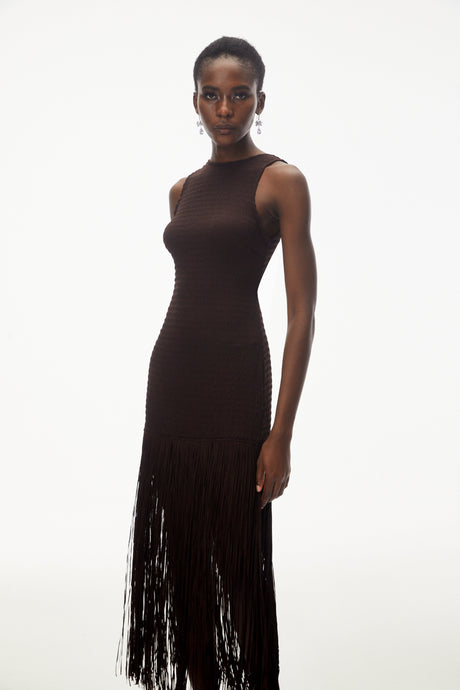 Aurohaya Hestia Chocolate Brown Sleeveless Fringed Maxi Dress