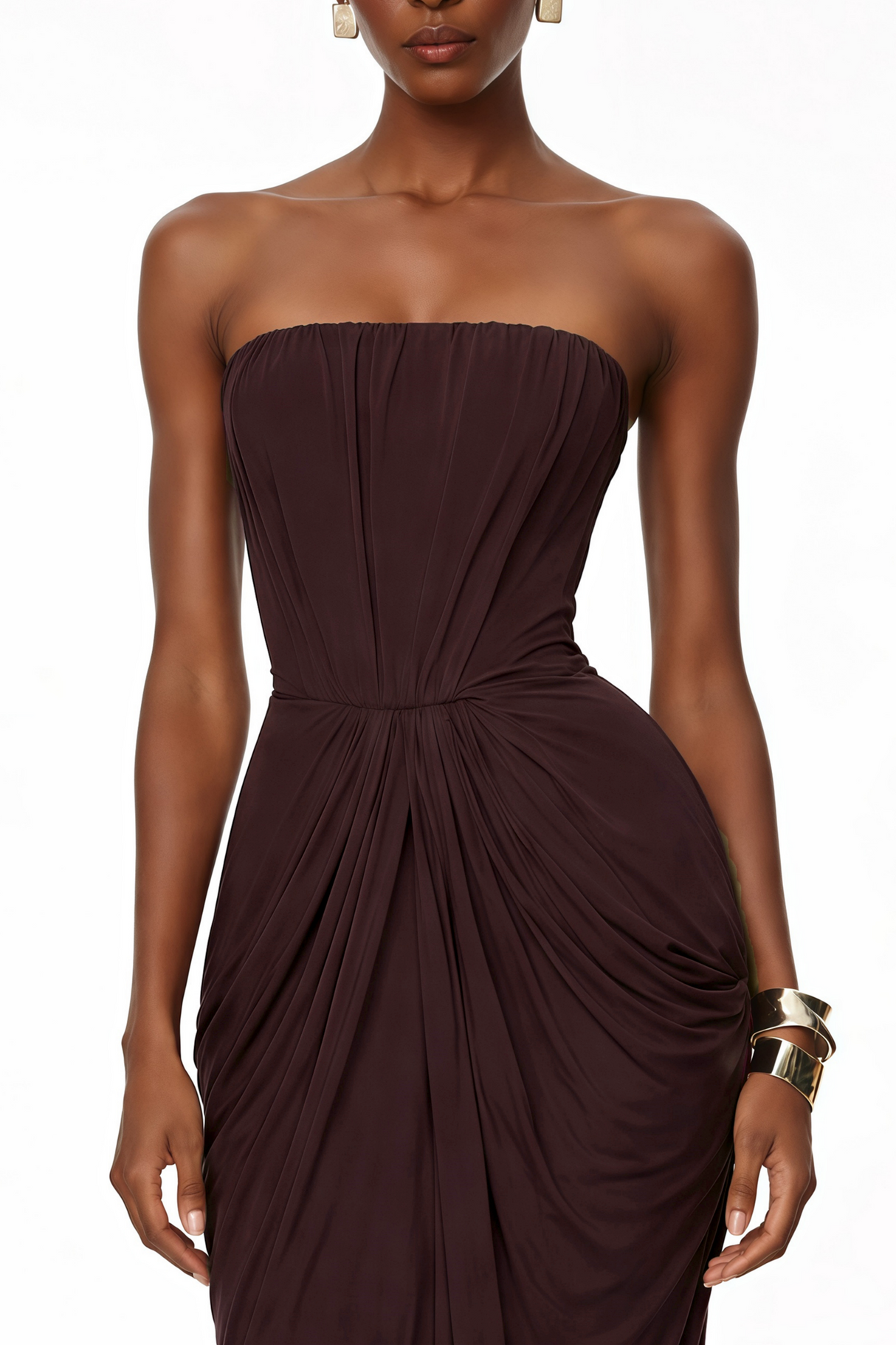 Aurohaya Honoria Chocolate Brown Off Shoulder Maxi Dress