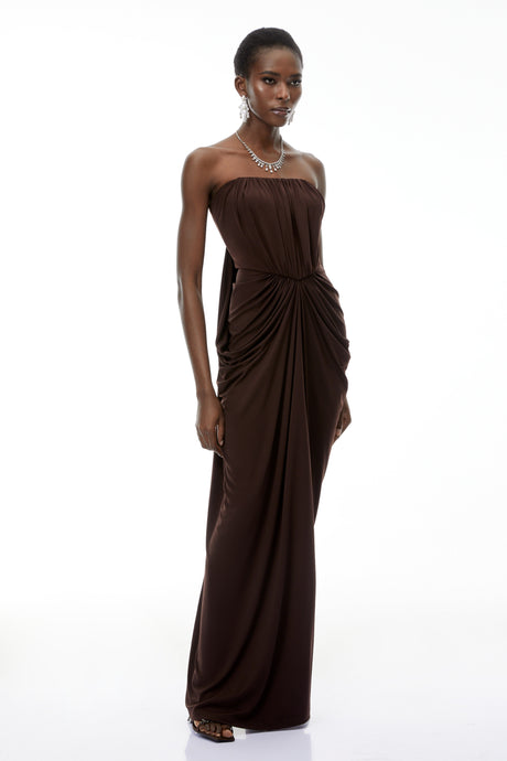 Aurohaya Honoria Chocolate Brown Off Shoulder Maxi Dress
