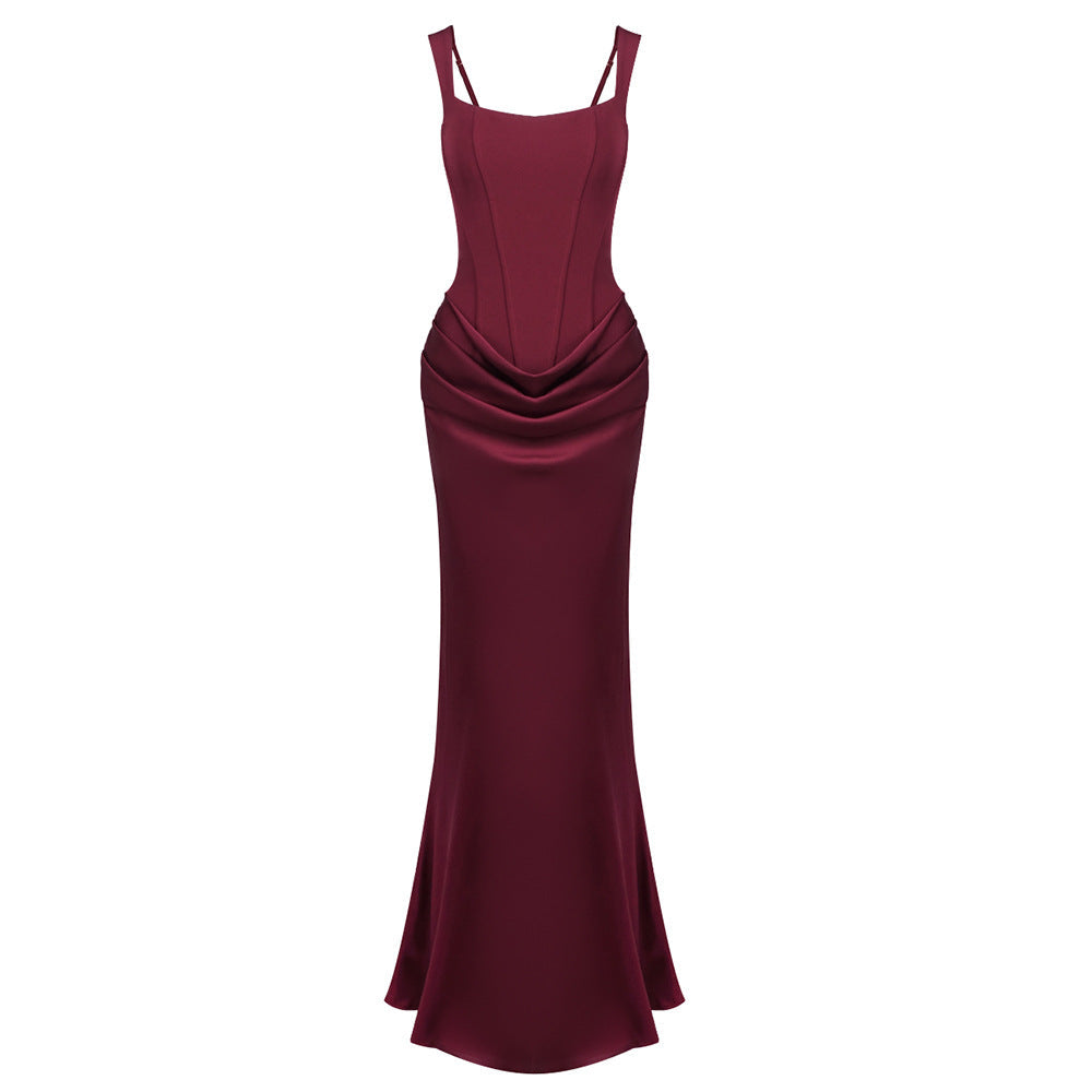 Hortense Square Neck Corset Maxi Dress / Red