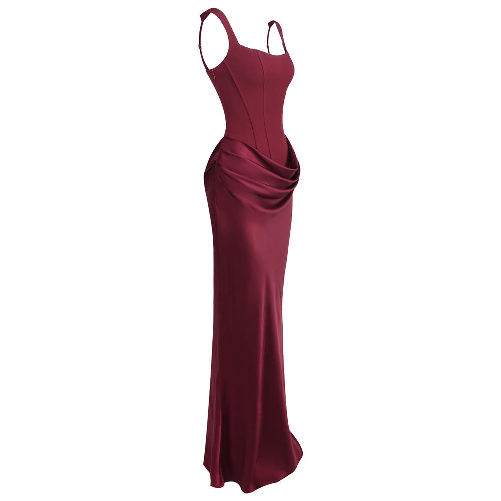 Hortense Square Neck Corset Maxi Dress / Red