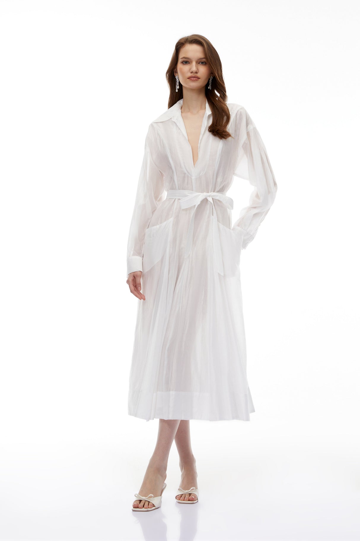 Aurohaya Hortensia White Plunge Neck Flared Maxi Dress