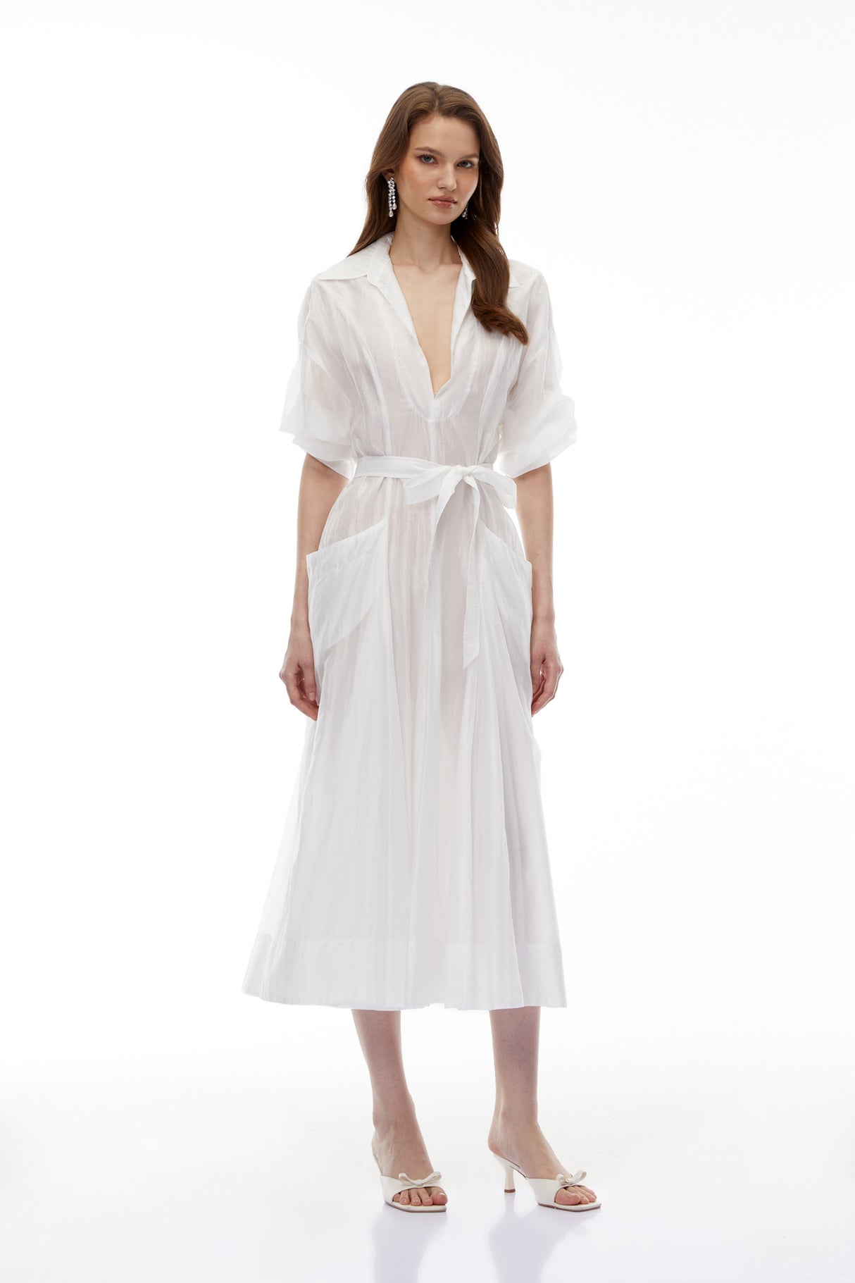 Aurohaya Hortensia White Plunge Neck Flared Maxi Dress