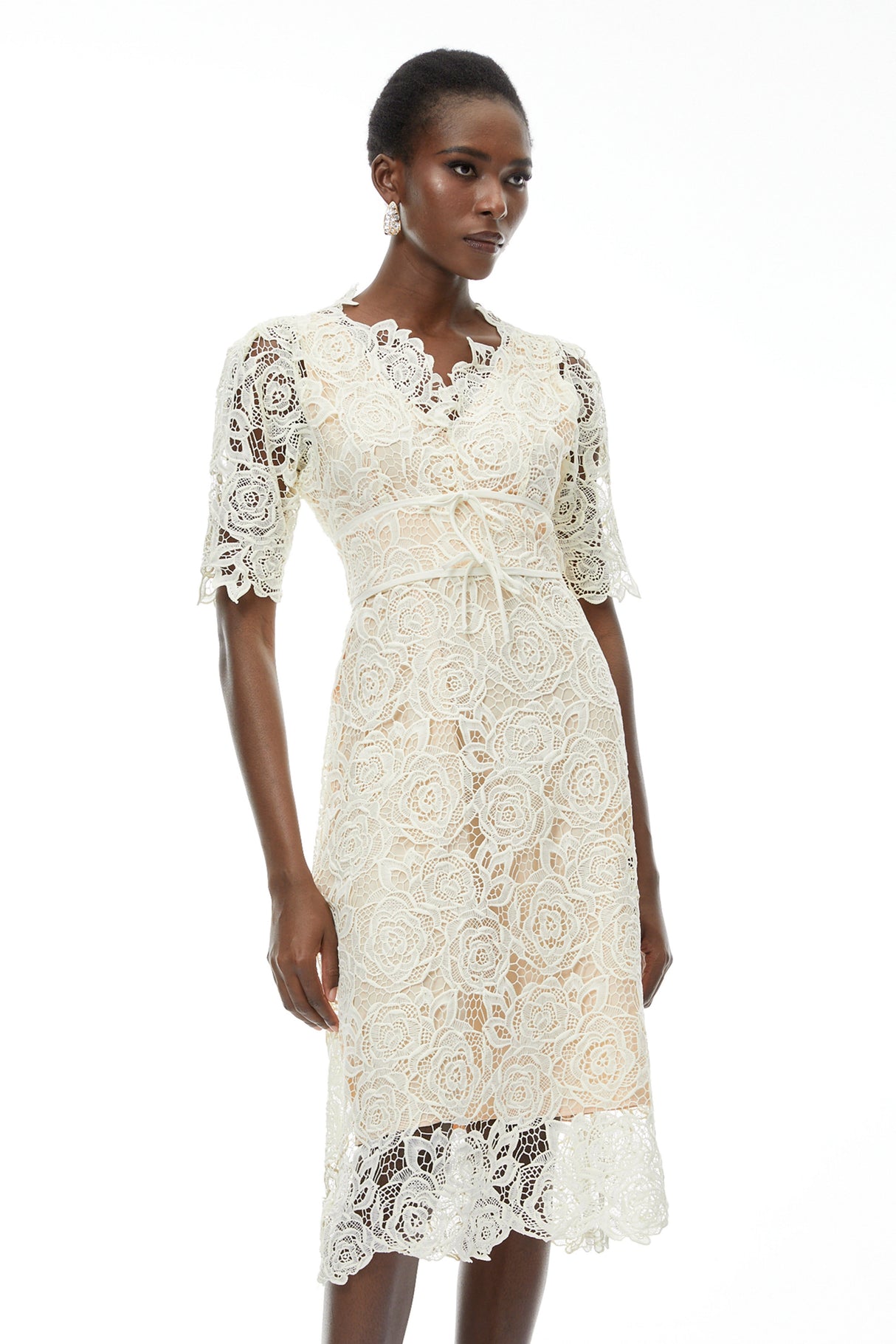 Aurohaya Hypatia Neutral Lace Embroidered Midi Dress