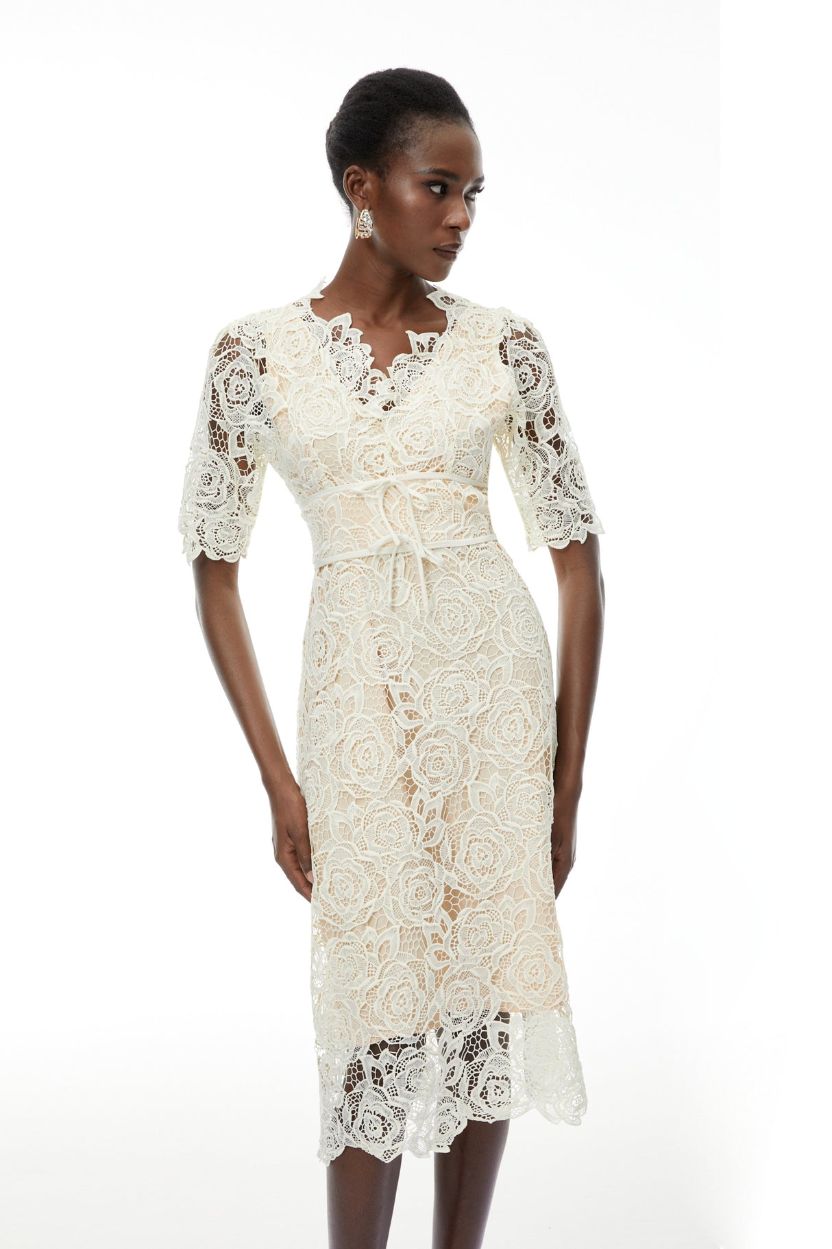 Aurohaya Hypatia Neutral Lace Embroidered Midi Dress