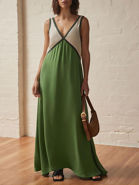 Aurohaya Splicing Chic V-neck Contrasting Color Dress Green