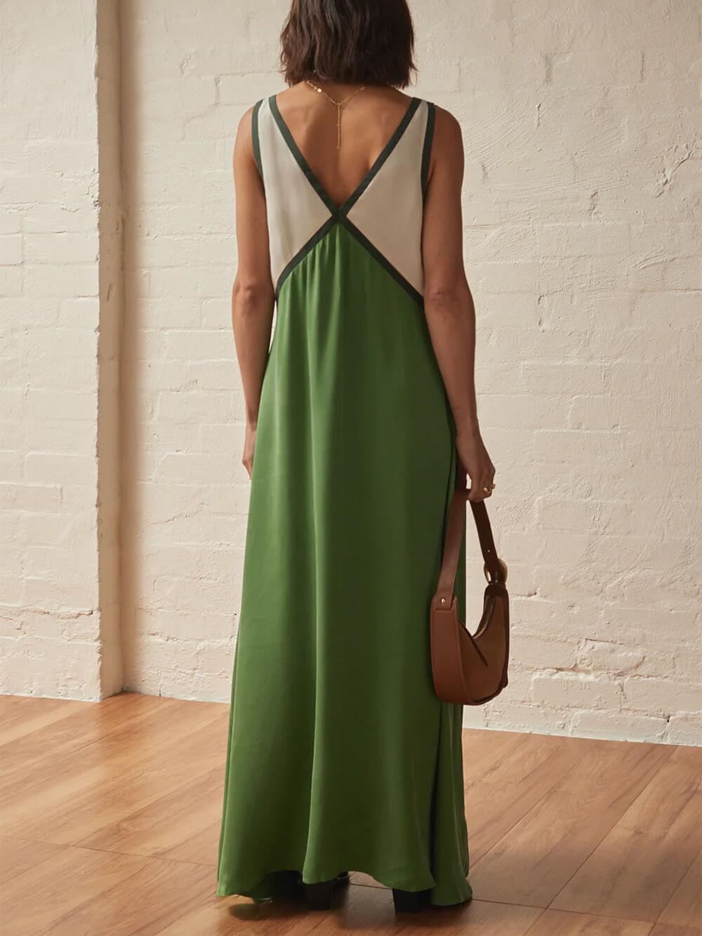 Aurohaya Splicing Chic V-neck Contrasting Color Dress