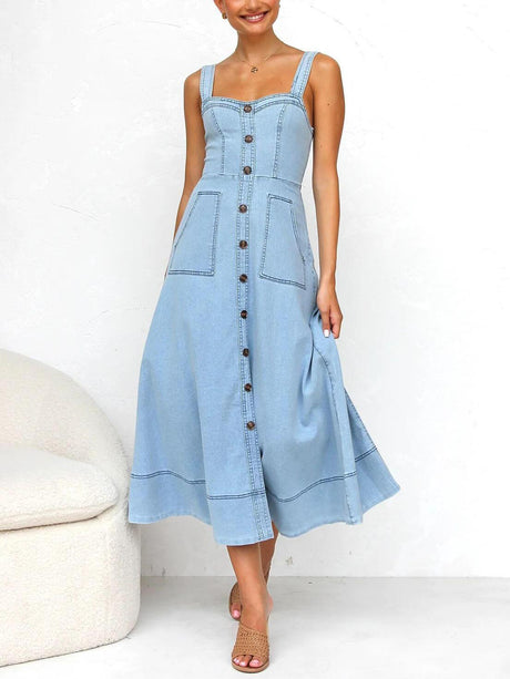 Aurohaya Denim Suspender Casual Button Midi Dress Light Blue