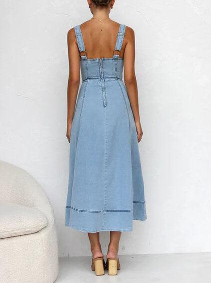 Aurohaya Denim Suspender Casual Button Midi Dress