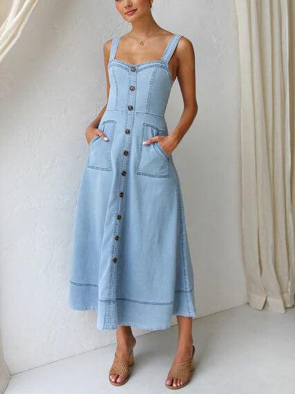 Aurohaya Denim Suspender Casual Button Midi Dress