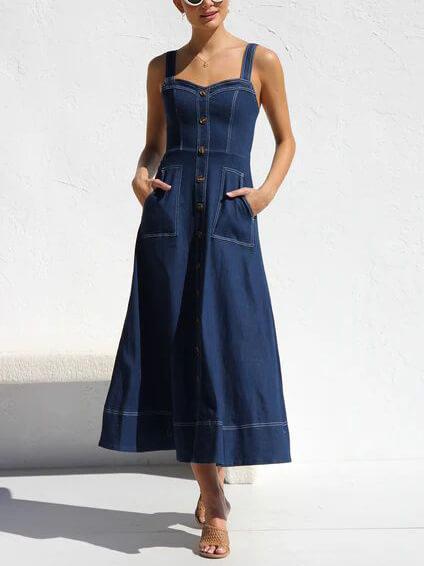 Aurohaya Denim Suspender Casual Button Midi Dress