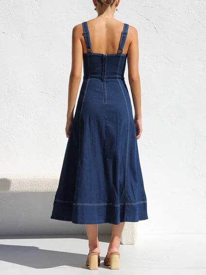 Aurohaya Denim Suspender Casual Button Midi Dress