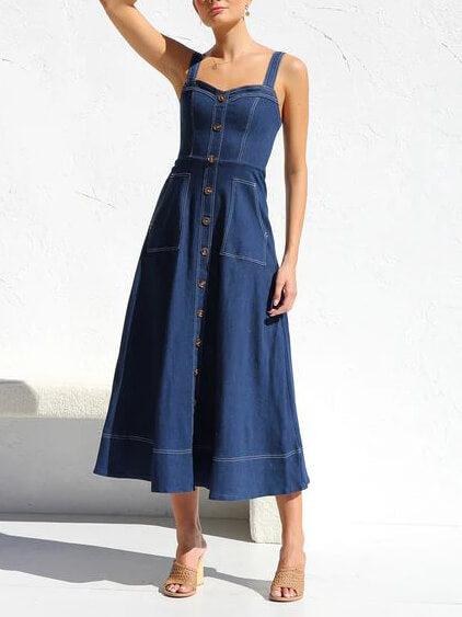Aurohaya Denim Suspender Casual Button Midi Dress Dark Blue