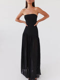 Aurohaya Exquisite Backless Pleats Strapless Maxi Dress Black