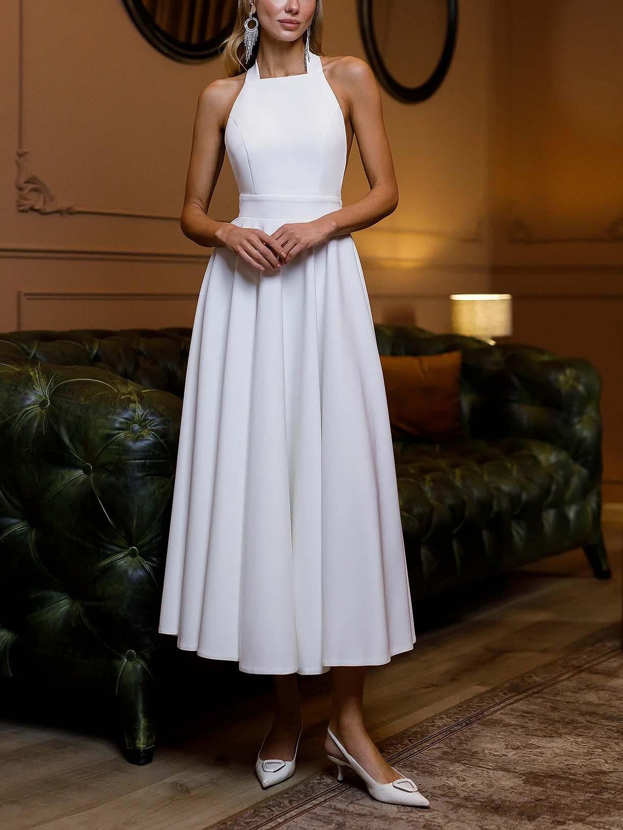 Aurohaya Elegant Halter Neck A-Line Midi Dress