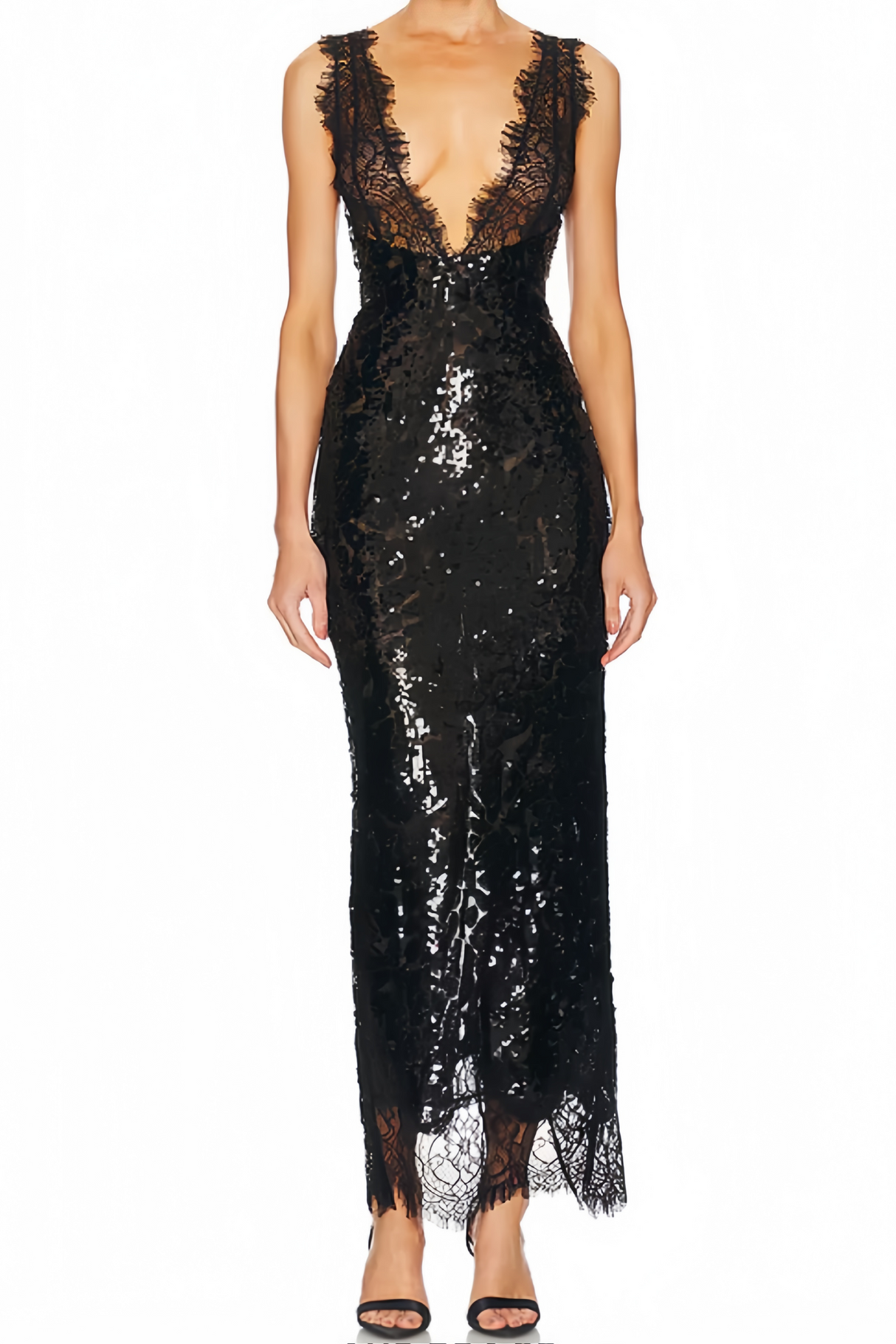Aurohaya Ava Black Lace Panel Sequined Maxi Dress