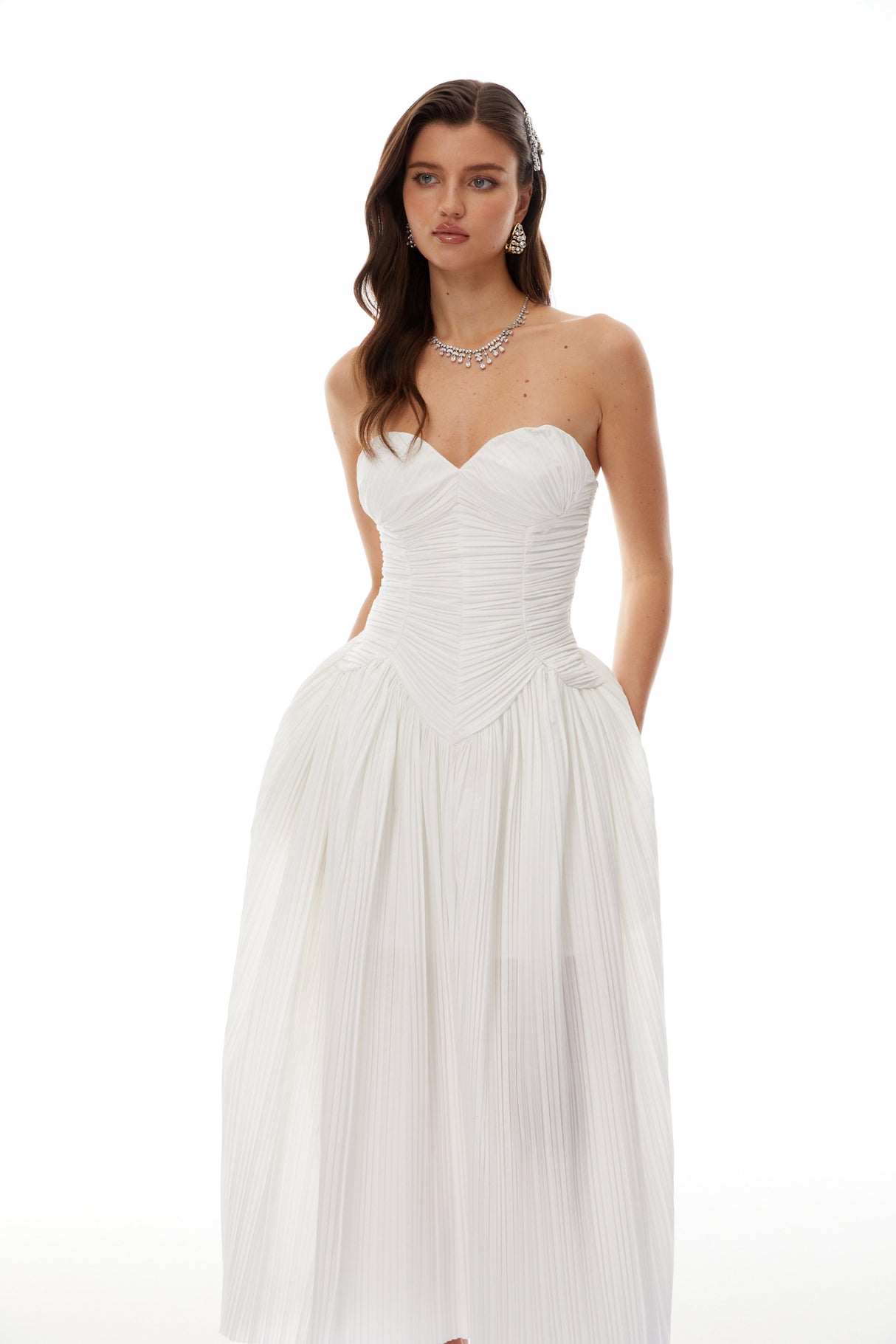 Aurohaya Ilinca White Off-Shoulder Ruched Maxi Dress