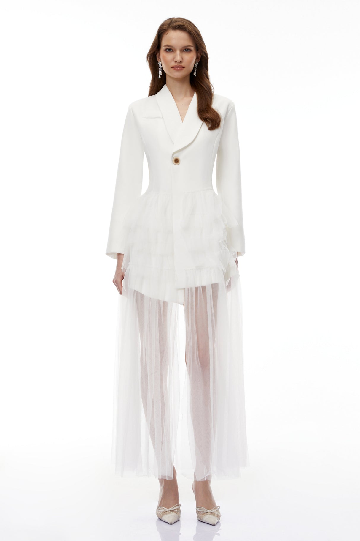 Aurohaya Illyria White Blazer Maxi Dress with Ruffled Tulle